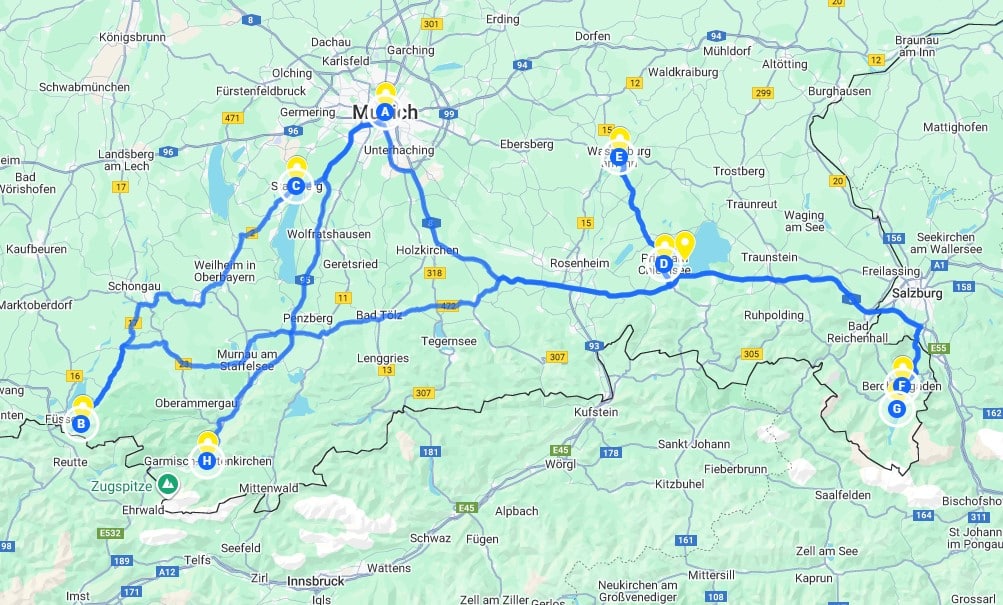 Southern Bavaria one week itinerary map